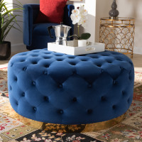 Baxton Studio TSF-6689-Royal Blue/Gold-Otto Sasha Glam and Luxe Royal Blue Velvet Fabric Upholstered Gold Finished Round Cocktail Ottoman